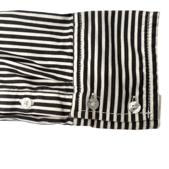 Guess Gray White Stripe Ruffle Fitted V-neck Button Up Shirt Size Medium - Picture 7 of 10